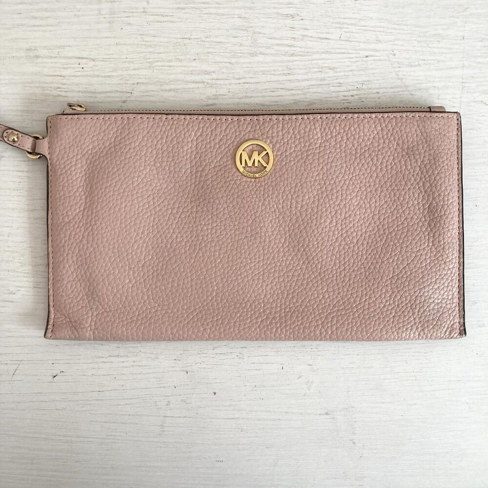 Michael Kors Fulton Large Pink Pebbled Leather Zip Wristlet Clutch Wallet